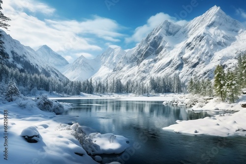 snowy lake in the mountains. Generative AI