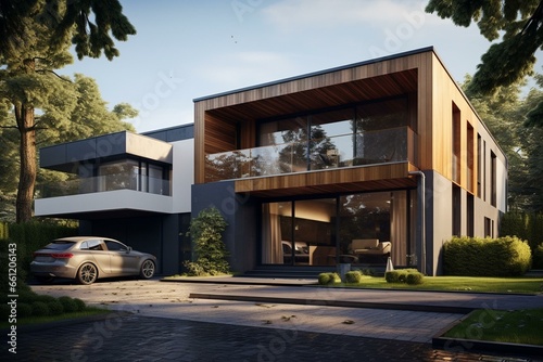 Contemporary single-family house/villa with car and garage. Generative AI