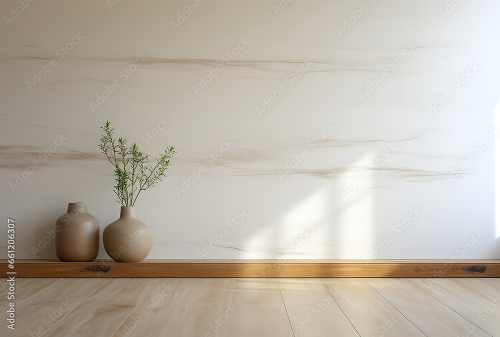 Interior of modern living room with marble wall, wooden floor and vase. 3d render Interior of modern living room with marble wall, wooden floor and vase. 3d render