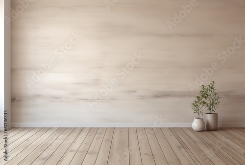 Interior of modern living room with wooden floor and beige wall. 3d render