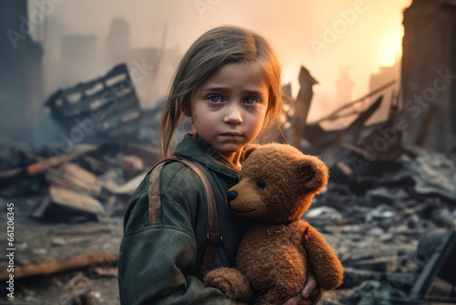 a frightened child holds a teddy bear in her arms in a destroyed city 