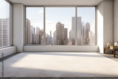 Empty room interior with city view. Mock up, 3D Rendering