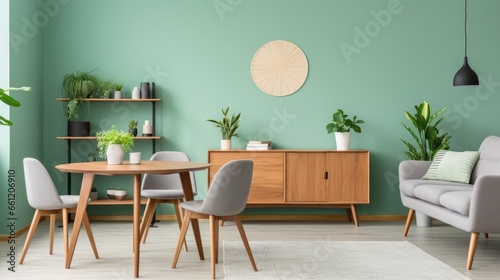 Wooden round dining table and light gray chairs. Dark wood cabinet near green wall. Scandinavian interior design of modern living room © Stefan95