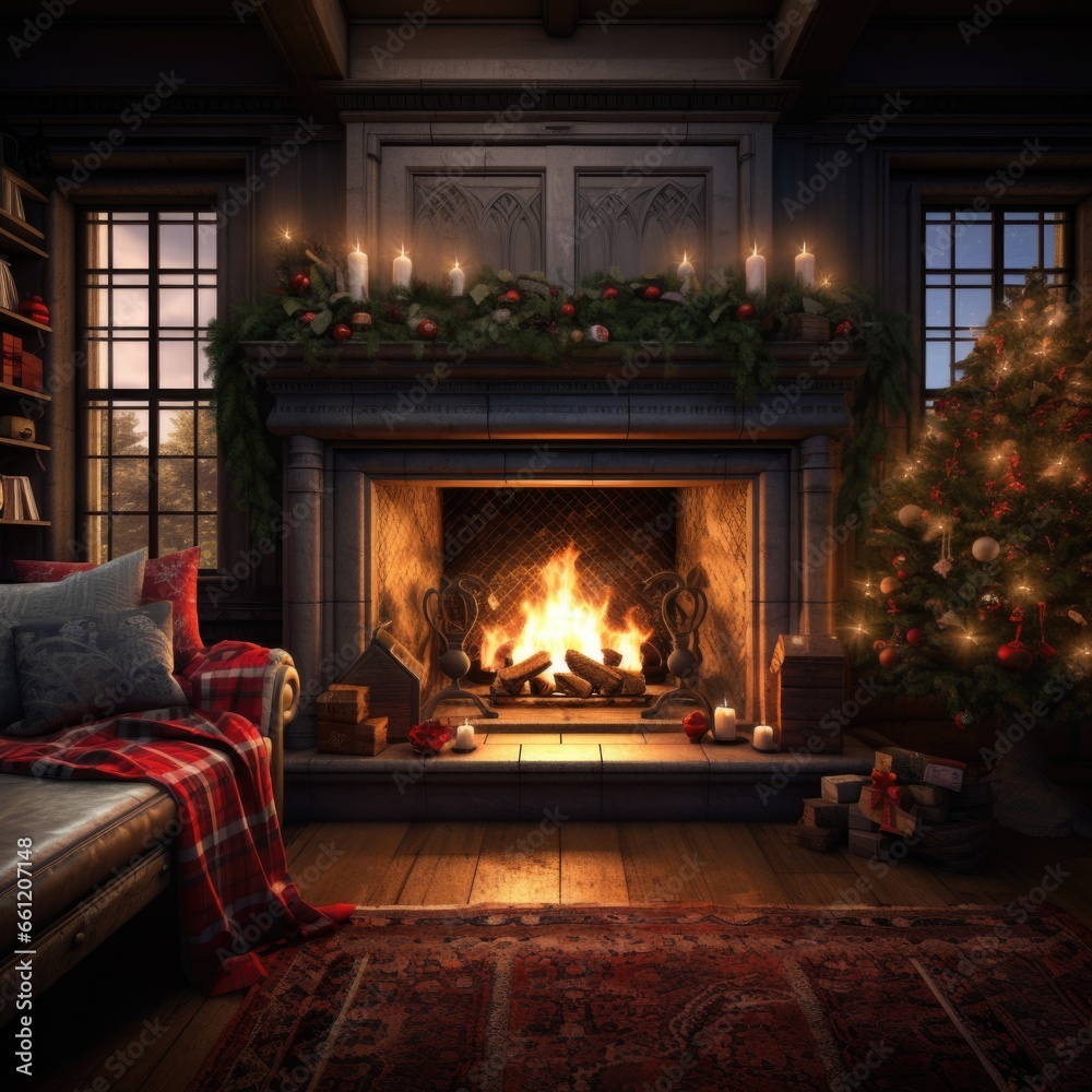 Christmas, family gathered to celebrate the holiday of Christmas, giving gifts, sitting by the fireplace, Christmas interior decorations. Winter atmosphere, warm attitude, carefree feeling