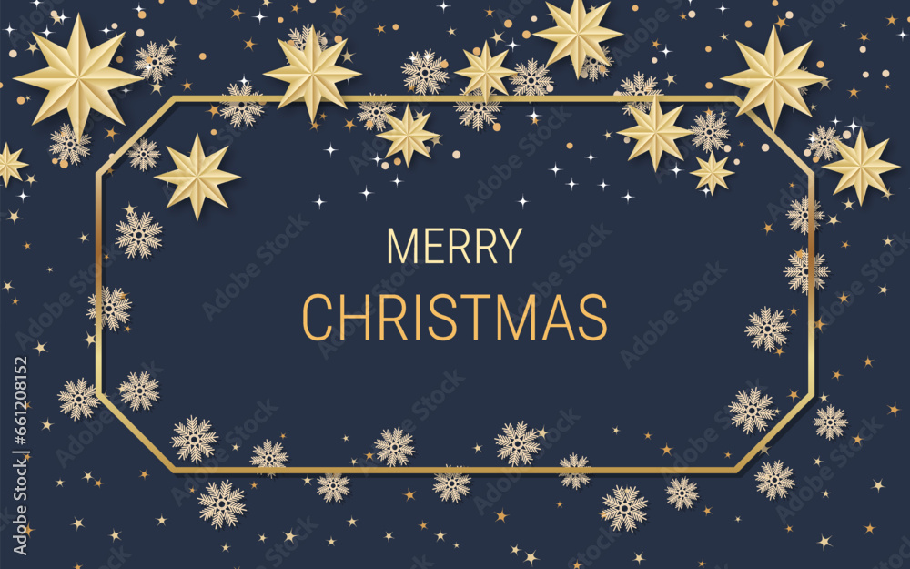 Christmas and New Year luxury vector illustration. Black background with golden stars, snowflakes and frame