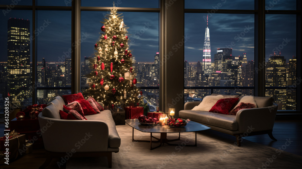 Beautifully decorated Christmas home, with bokeh lights and window 