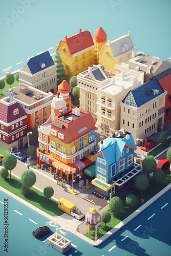 Illlustration of the busy city street with houses and cars.  Isometric style. 