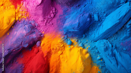 Advertising image. Colored powders scattered on a flat surface seen from above. Wallpaper.