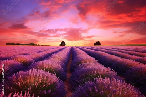 Stunning lavender field under a colorful sky. Generative AI