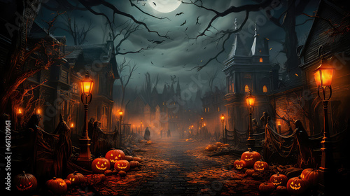 An abandoned scary house next to a cemetery in a forest with pumpkins  a full moon  bats and fog. Pumpkins In The Cemetery On A Creepy Night  on a Halloween background. Generative AI