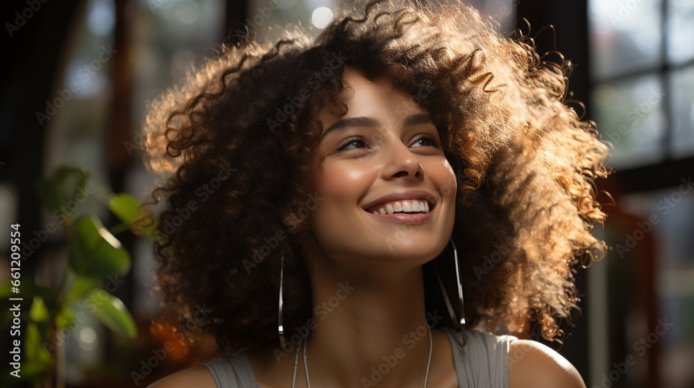Cheerful Afro Woman with Curly Hair and Fashionable Hairstyle Smiling Cheerful Afro Woman with Curly Hair and Fashionable Hairstyle Smiling