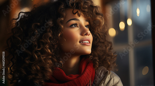 An attractive woman afro with a curly red hairstyle and a smile.