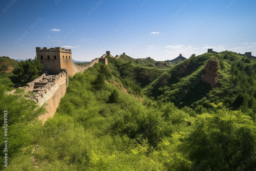 The famous China wall resides near Jinshanling on a bright summer day. Generative AI