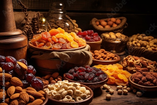 Assorted nuts, raisins, and dried fruits on a rustic wooden table. Generative AI