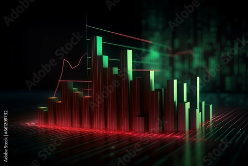 Dark background with red and green graph depicting the Dow Jones industrial index; financial concept; 3D rendering. Generative AI