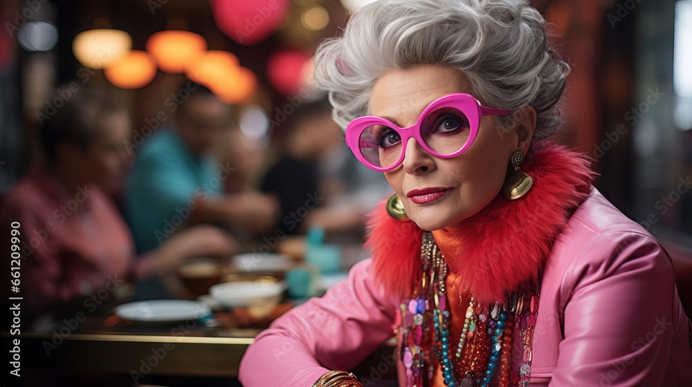 Fototapeta premium Old lady dressed in vibrant retro-futuristic 80s fashion.