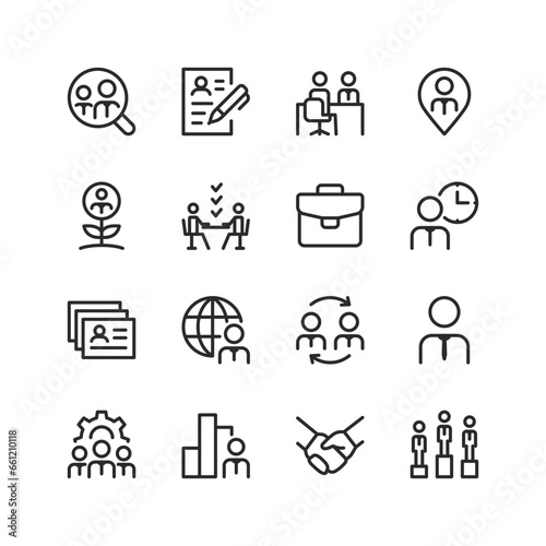 Recruitment, linear style icons set. Professional recruiting. Recruitment, search for outstanding employees. Selection of candidates for the team and successful business. Editable stroke width