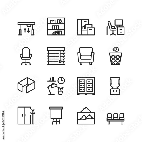 Office furniture, linear style icons set. Business office interior. Workspace. Table, chair, cabinet, blinds, lamp, filing cabinet, row of chairs, clock and more. Editable stroke width
