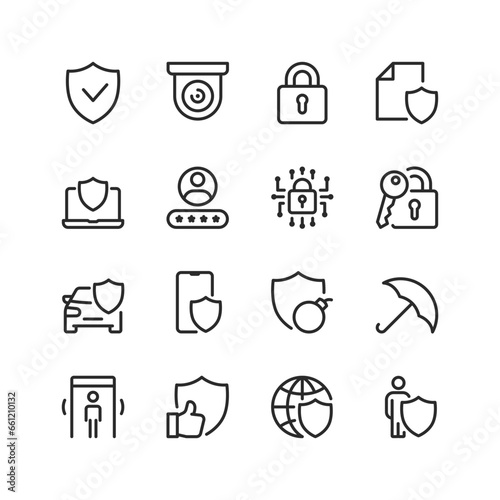 Security and protection, linear style icons set. Security compliance. Digital data security. Theft and damage protection. Shield, camera, lock, controls. Editable stroke width