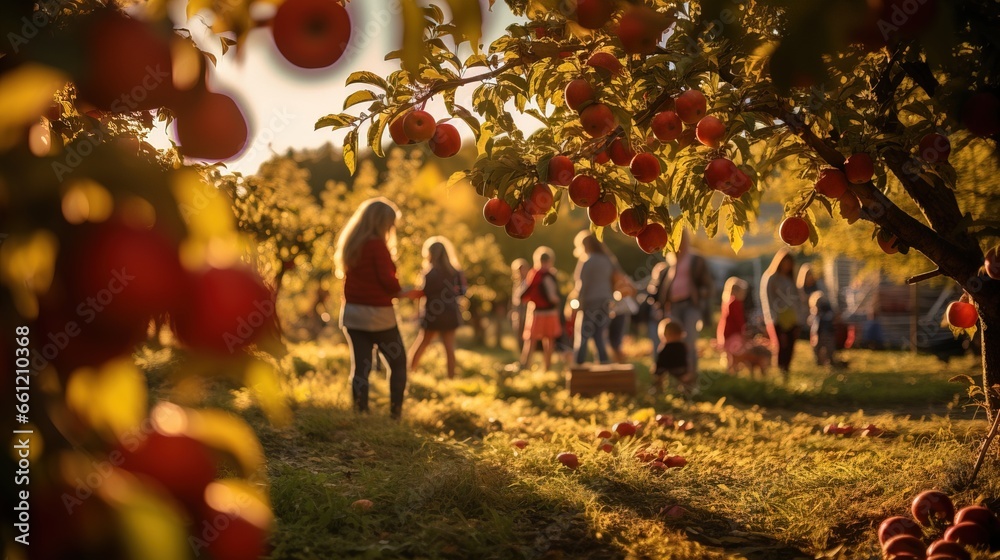 A bustling autumn apple orchard, families picking fresh apples.