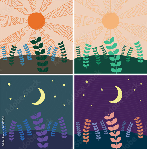 Abstract meadow with plants in sunlight and moonlight