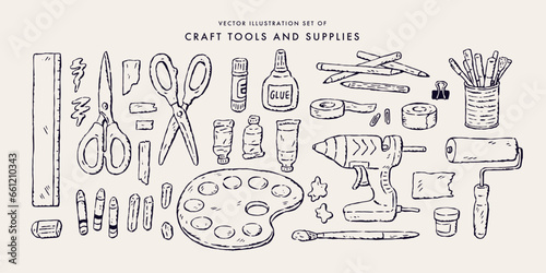 Set of illustrations of tools and supplies for crafts. Sketch style illustrations. Hand-drawn vector illustrations.
