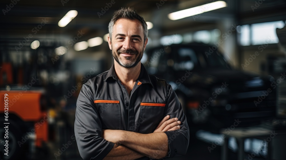Young professional mechanic master representing expertise and friendliness in an auto repair shop.