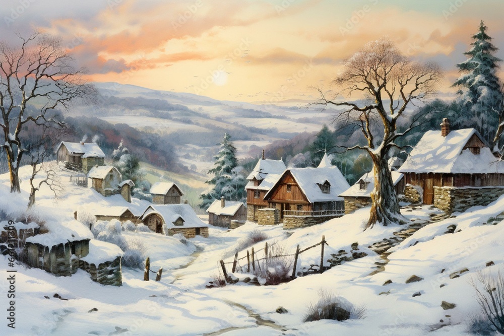 Snow-covered hamlet at sundown painted with watercolors. Generative AI