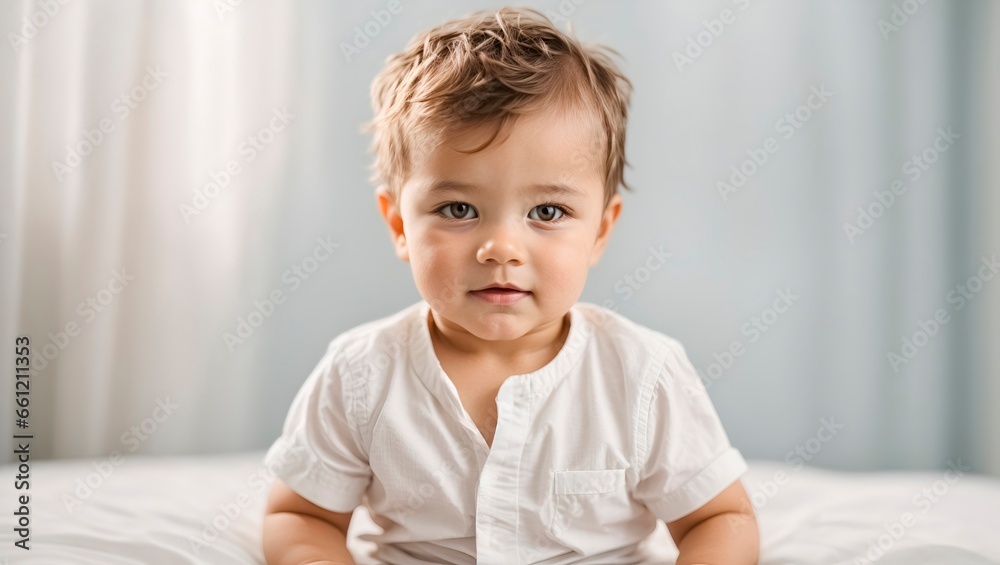 Childhood World: A small child on a white bed on a blue wall background Childhood World: A small child on a white bed on a blue wall background