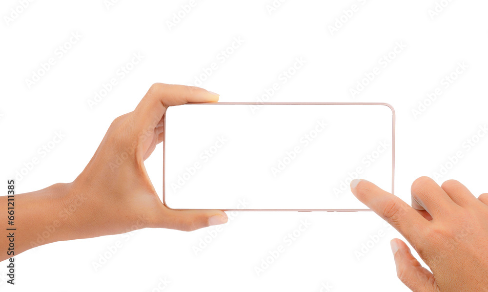Hand holding a smartphone. Transparent mobile screen mockup. Shopping online or technology concept. Hand holding a smartphone. Transparent mobile screen mockup. Shopping online or technology concept.