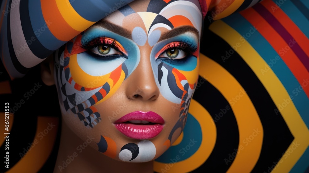 A close up of a woman's face with colorful makeup A close up of a woman's face with colorful makeup
