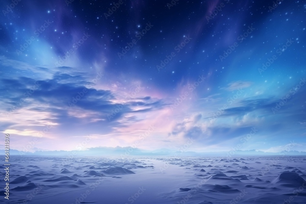Winter landscape with colorful lights. Blue sky and vast space. Generative AI