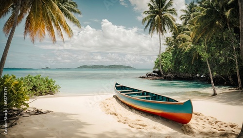 Tropical beach with a canoe on the shore