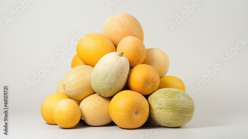 A pile of melons and oranges on a table