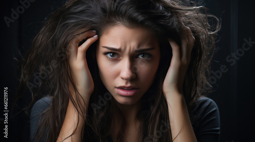 Young women suffering from dandruff problems, scalp problems and hair care difficulties.
