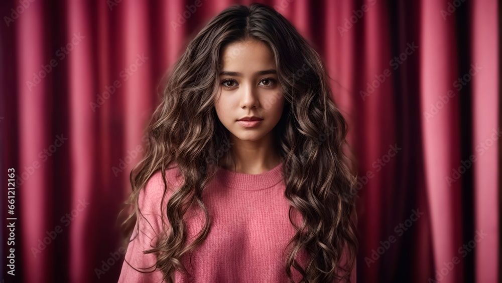 Young girl wearing pink sweater against red curtain background Young girl wearing pink sweater against red curtain background