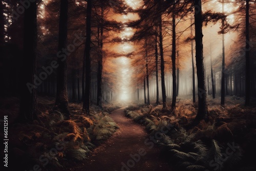 Mysterious forest path among tall trees