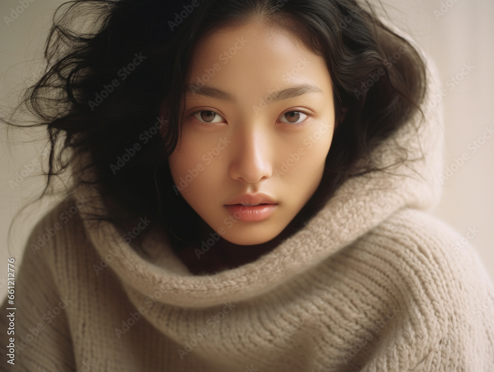 Beautiful young Asian woman in beige knitwear sweater. Beautiful young Asian woman in beige knitwear sweater.