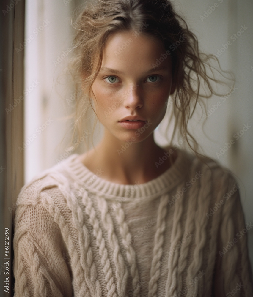Beautiful young woman in beige knitwear sweater. Beautiful young woman in beige knitwear sweater.