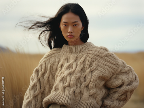 Beautiful young Asian woman in beige knitwear sweater.	 photo