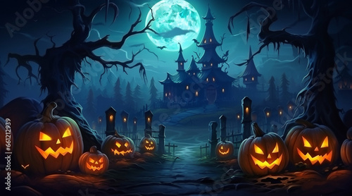Spooky halloween illustration, pumpkins castle, dark, cartoon style for kids. blue and orange style. 