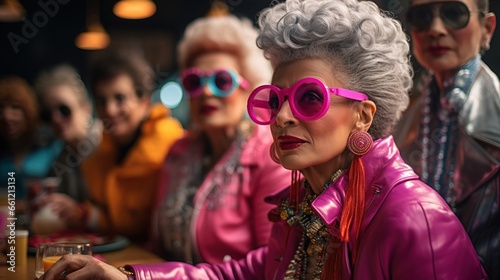 Group of happy elderly women dressed in 80s fashion.
