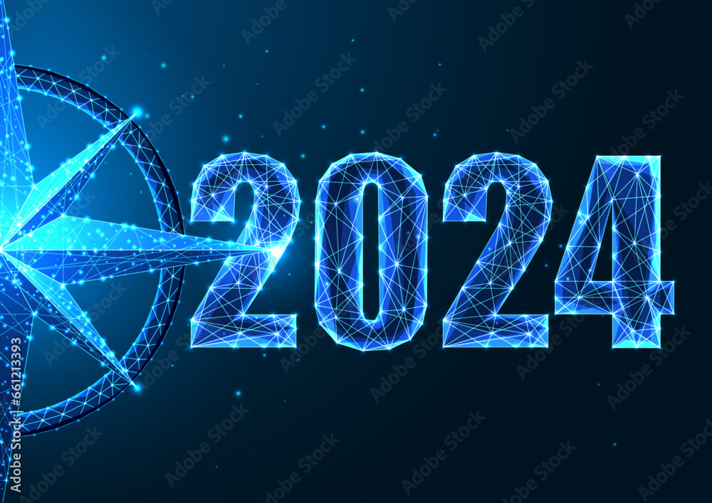 Abstract 2024 business vision, goals concept web banner in futuristic polygonal style on dark blue Abstract 2024 business vision, goals concept web banner in futuristic polygonal style on dark blue