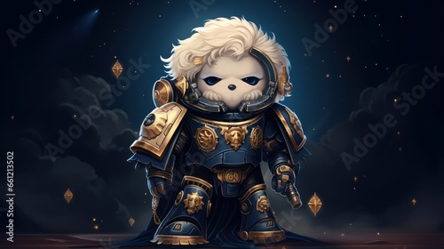 A mini golden doodle in space marine armour