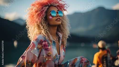 Young woman dressed in vibrant 80s fashion by the lake. © OKAN