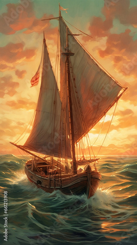 sailing ship at sunset