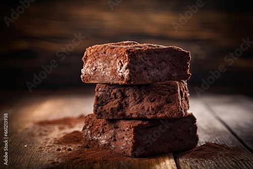 Stack of brownie squares on a rustic wooden surface, a warm and inviting mood.