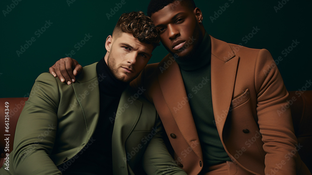 Obraz premium Advertising image. Couple of elegant interracial homosexual men embracing, dressed in high casual clothes, sitting in an armchair on a dark green background.