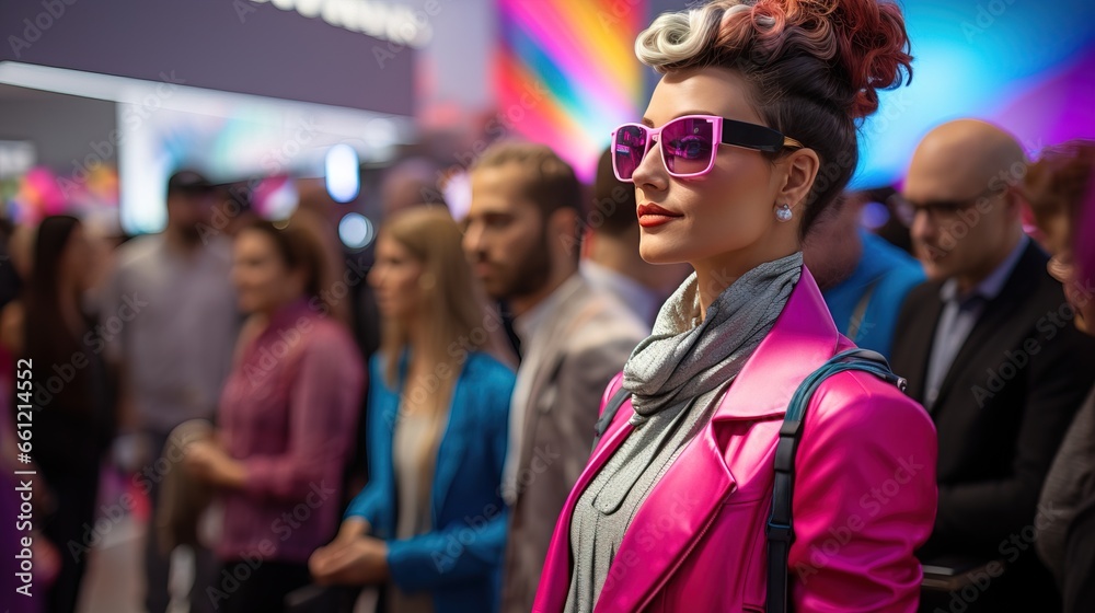 Person dressed in vibrant retro-futuristic 80s fashion. Person dressed in vibrant retro-futuristic 80s fashion.