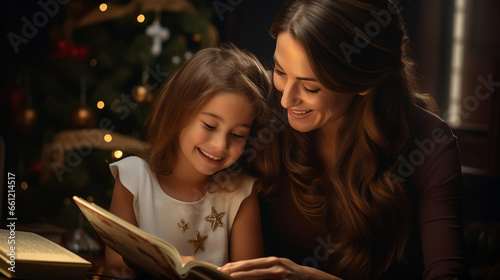 Mom and daughter, girl, writing letter request to Santa Claus, Christmas, family. photo